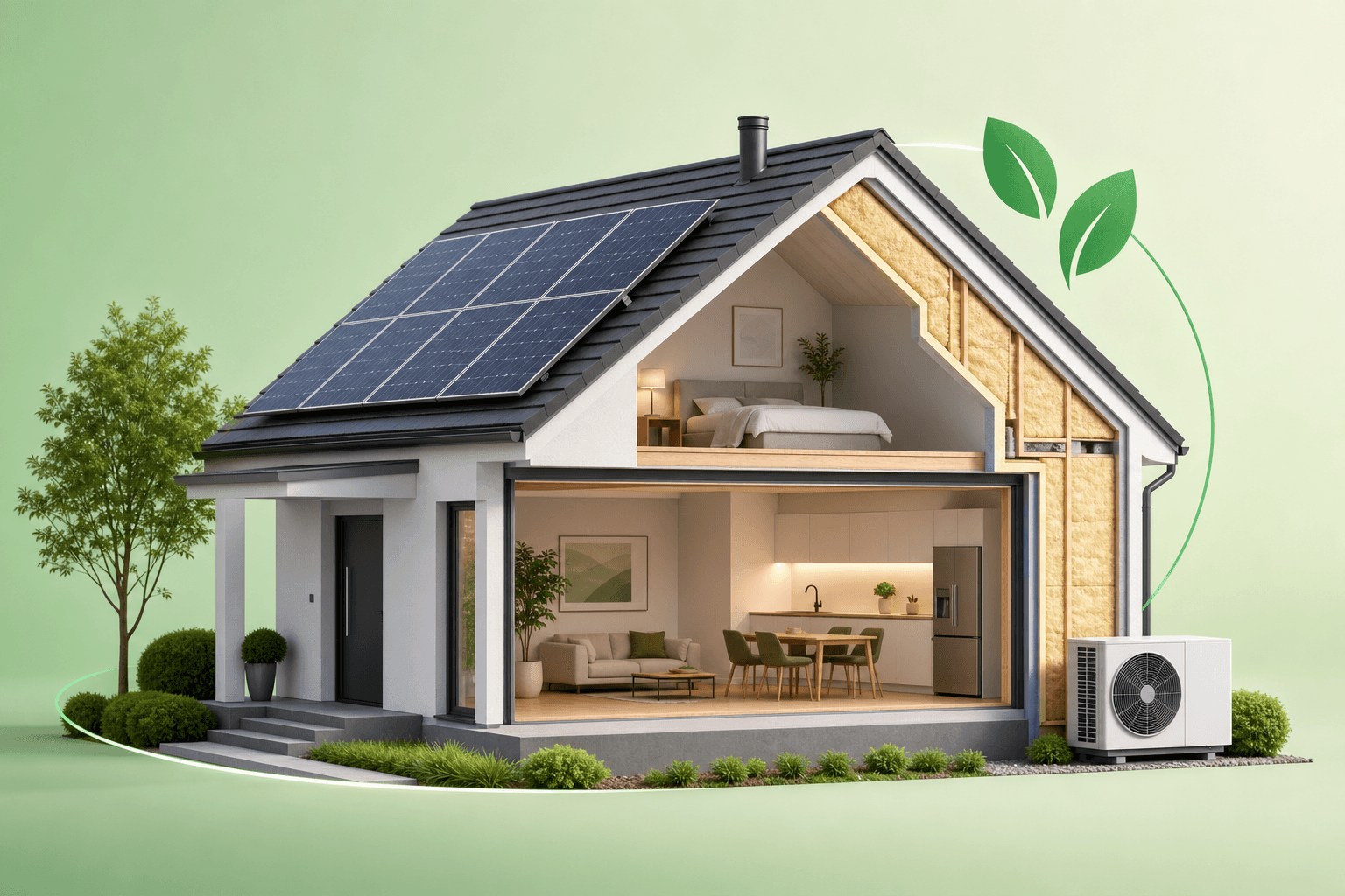 Doorsnede van een huis met zonnepanelen, een warmtepomp en isolatie