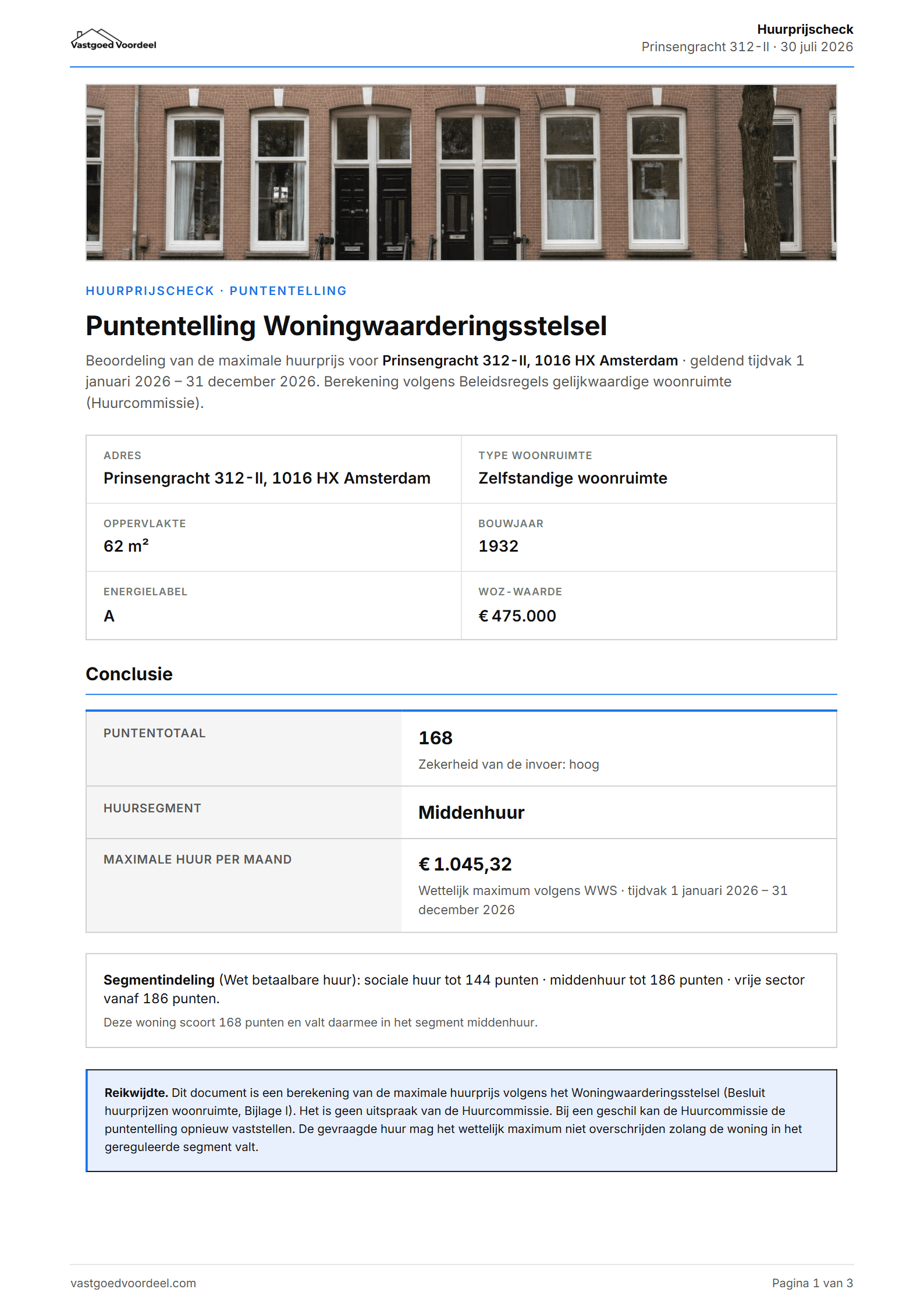 WWS-puntentelling-rapport voorblad — Prinsengracht 312-II met puntentotaal en maximale huur